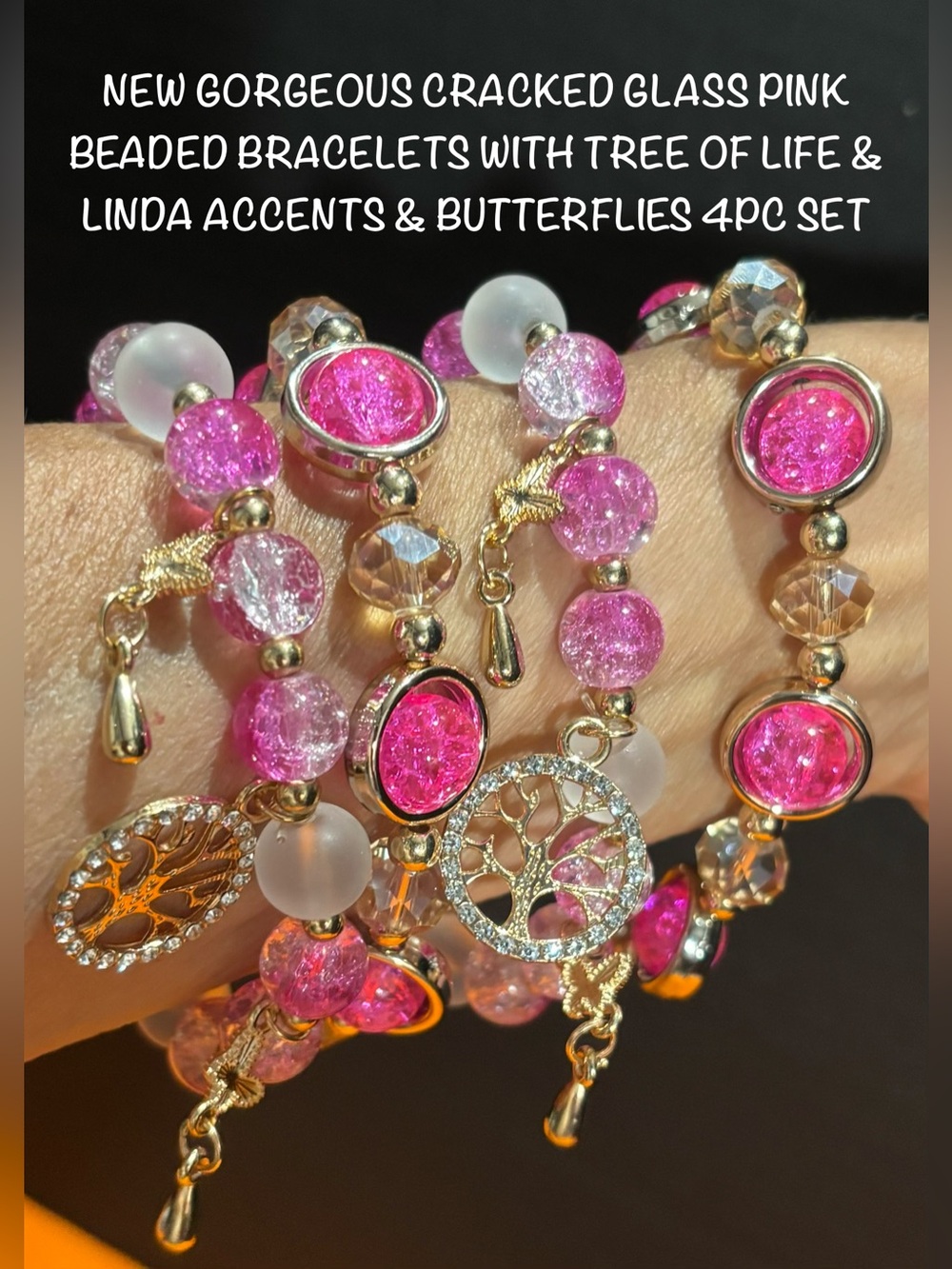 Pink Cracked Glass Beaded Bracelet Set W/Tree of Life & Butterfly Linda Accents
